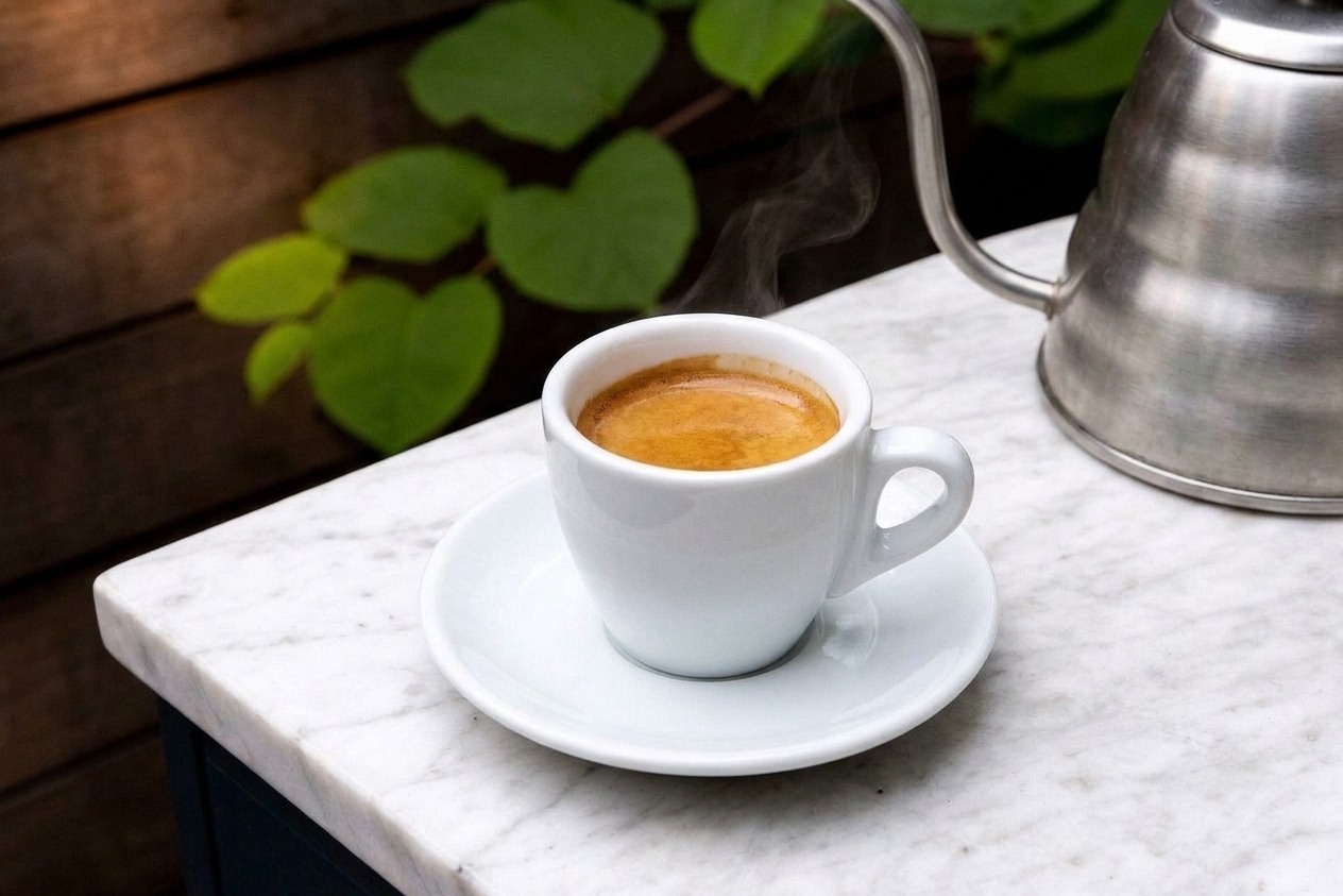 A fresh double espresso shot in a small demitasse cup on a kitchen counter with warm lighting