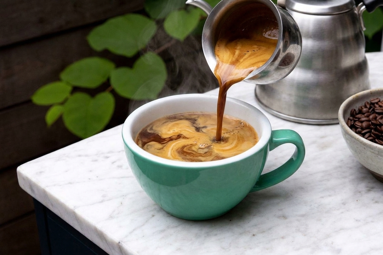 A fresh espresso shot being poured into a mug of hot water on a home kitchen counter, with crema swirling briefly on top
