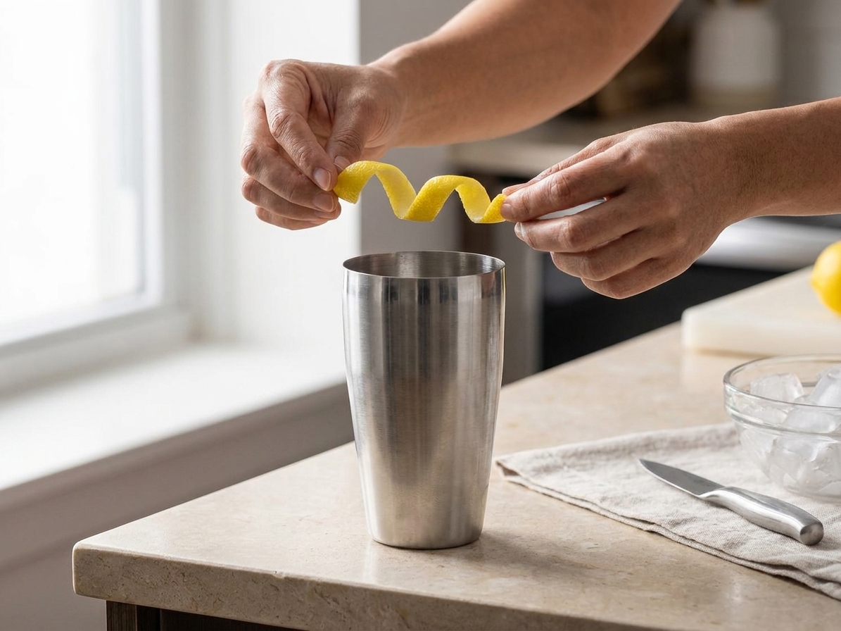 A fresh lemon peel twist held above a cocktail shaker on a kitchen counter