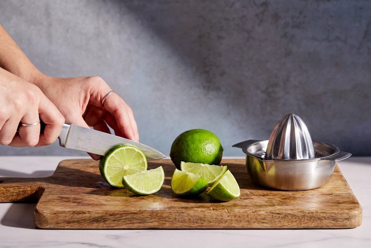 A fresh lime being cut into wedges on a wooden cutting board beside a small hand juicer