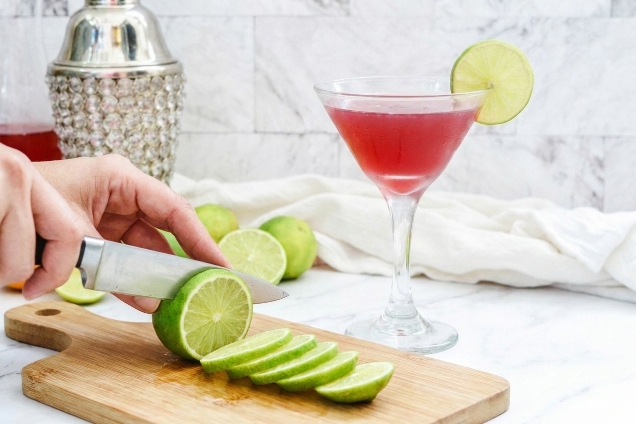 A fresh lime being sliced into thin wheels on a cutting board beside a cocktail glass