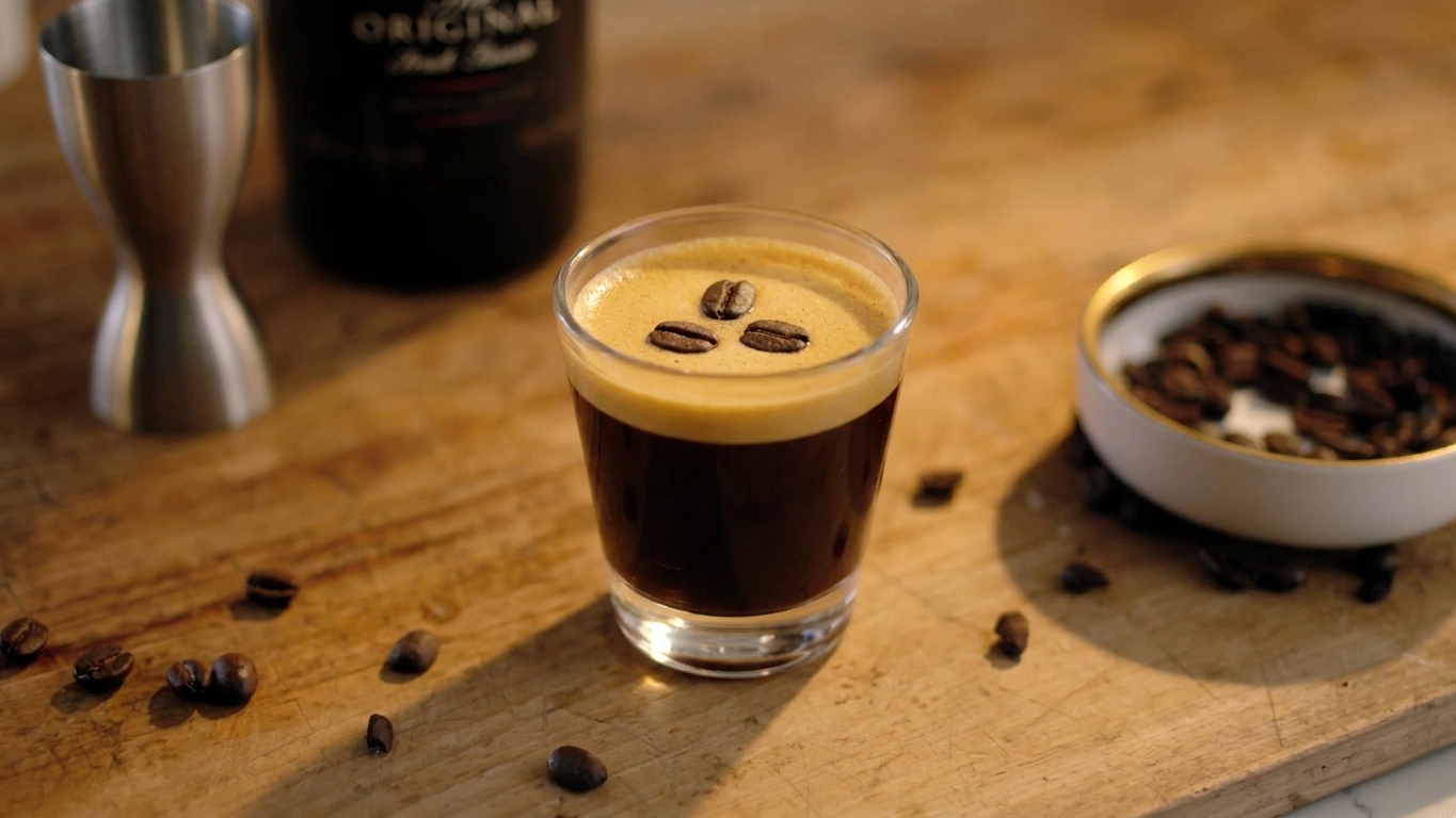 A fresh shot of espresso with a thick crema layer in a small glass on a kitchen counter