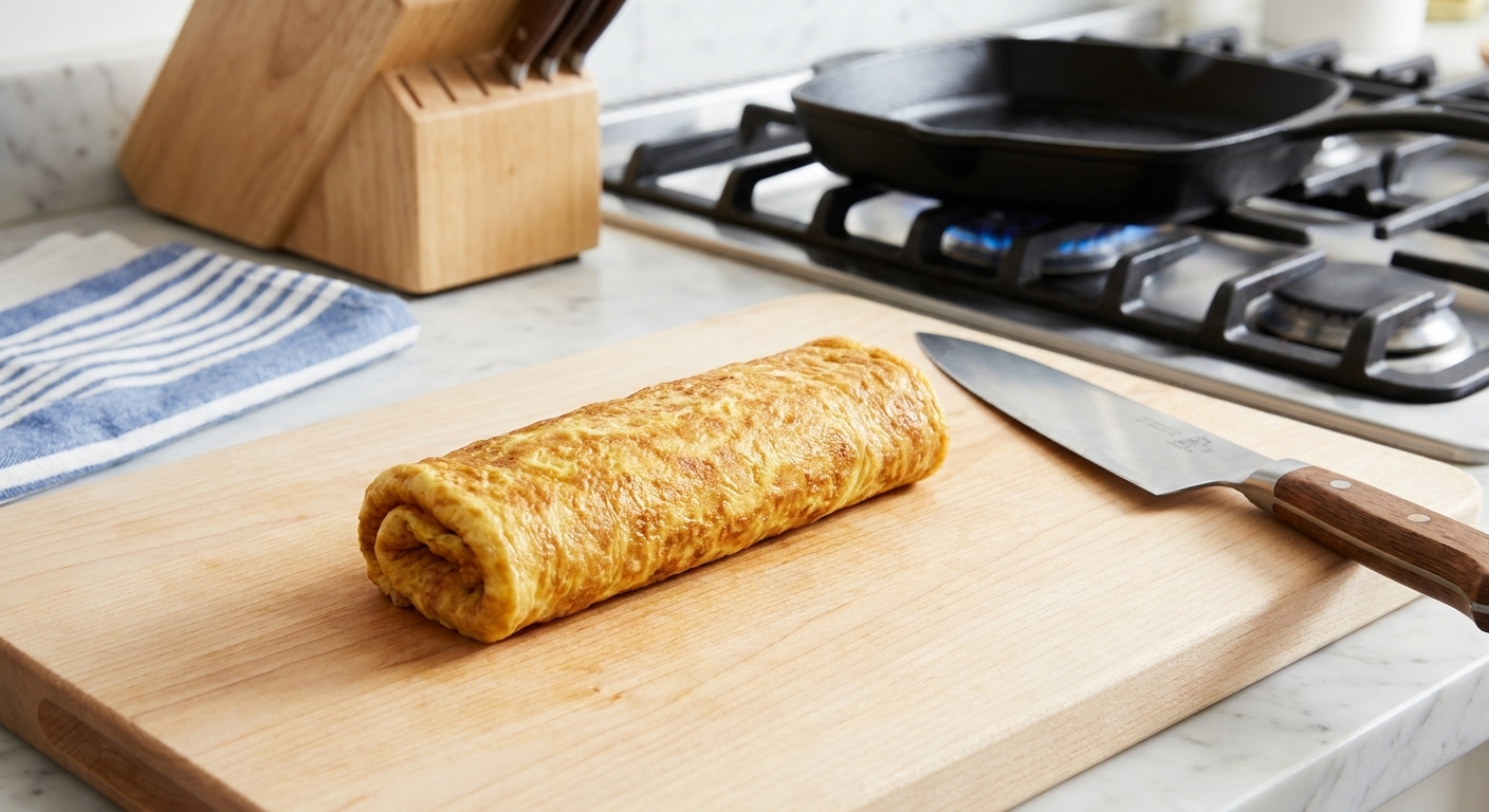 A fresh tamagoyaki omelet log resting on a wooden cutting board with a knife beside it
