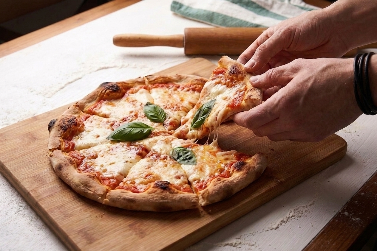 A fresh thin crust pizza on a wooden board with a crisp browned edge and lightly blistered crust on a kitchen table