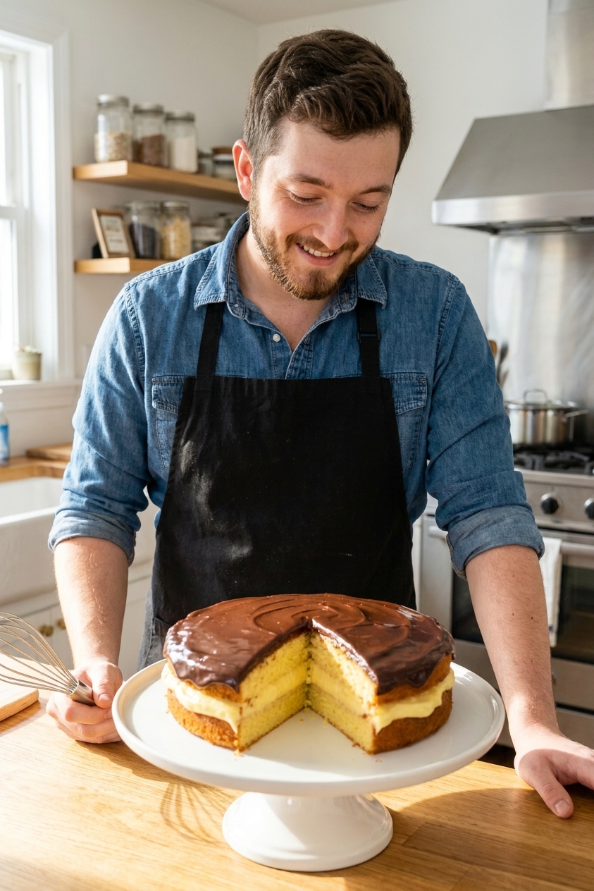 A freshly assembled Boston cream pie with a glossy chocolate ganache top and a clean slice removed showing vanilla sponge layers and thick pastry cream, on a white cake stand in a bright home kitchen