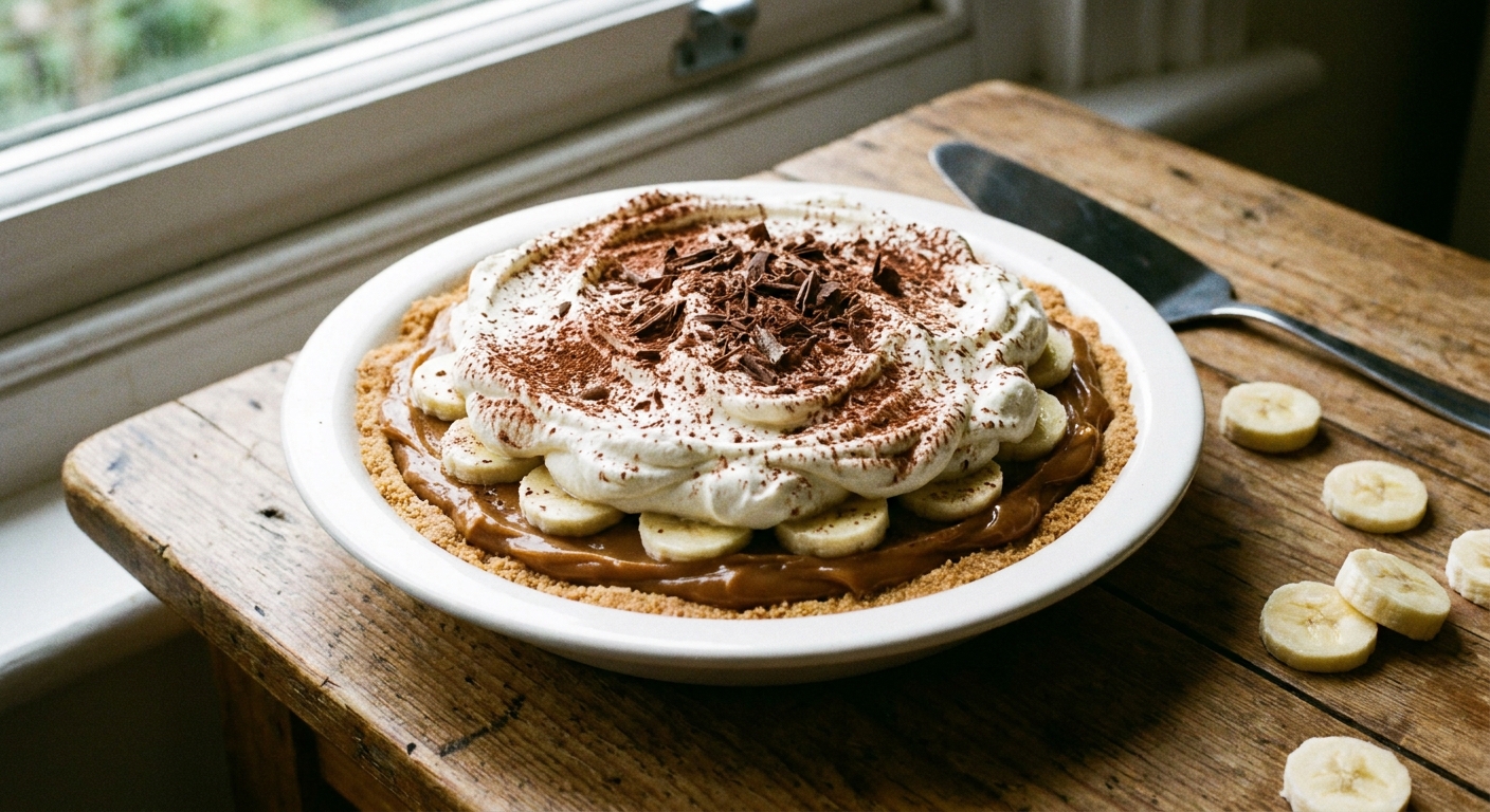 A freshly assembled banoffee pie on a white plate with a cookie crust, thick dulce de leche layer, sliced bananas, and swirls of whipped cream, natural window light