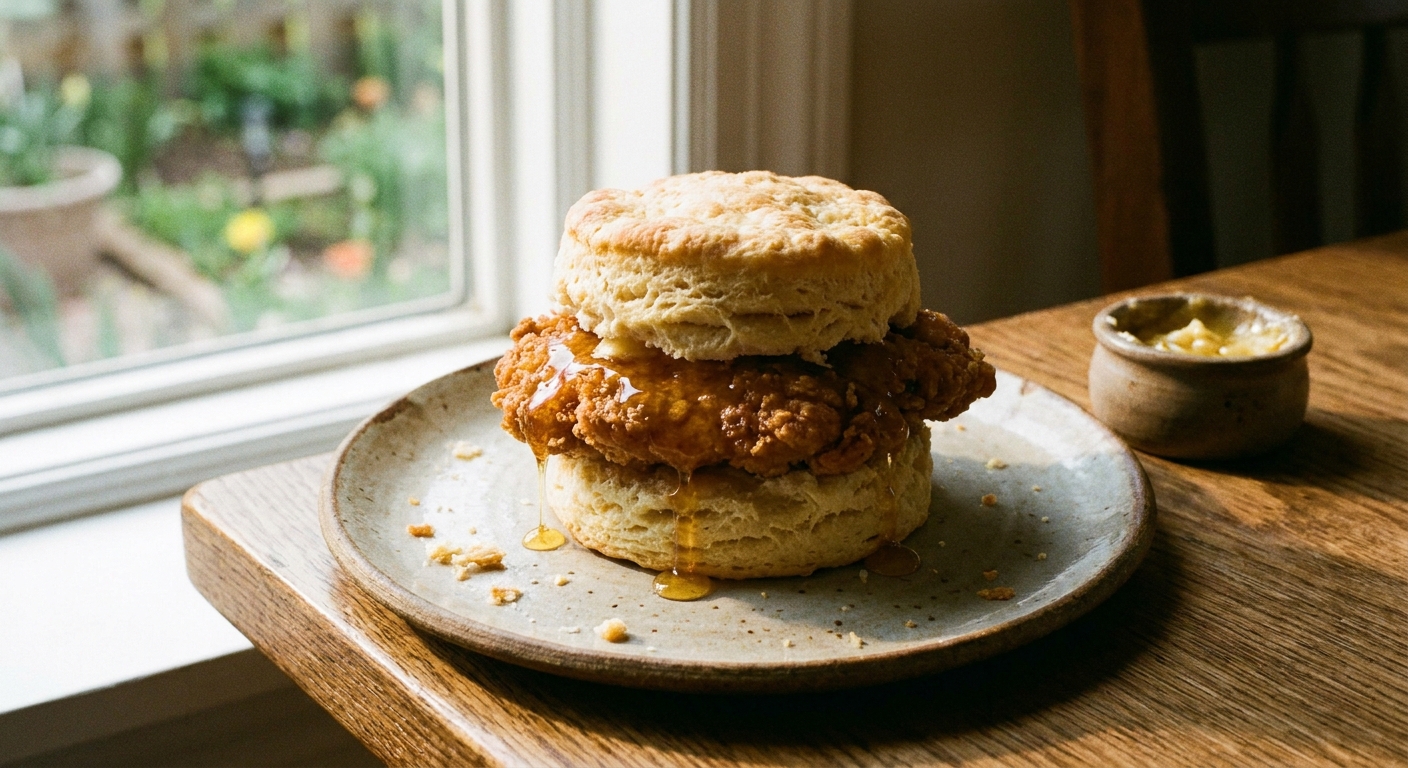 A freshly assembled honey butter chicken biscuit on a plate, with a tall flaky buttermilk biscuit, a crispy fried chicken fillet peeking out, and glossy honey butter brushed on top, natural window light