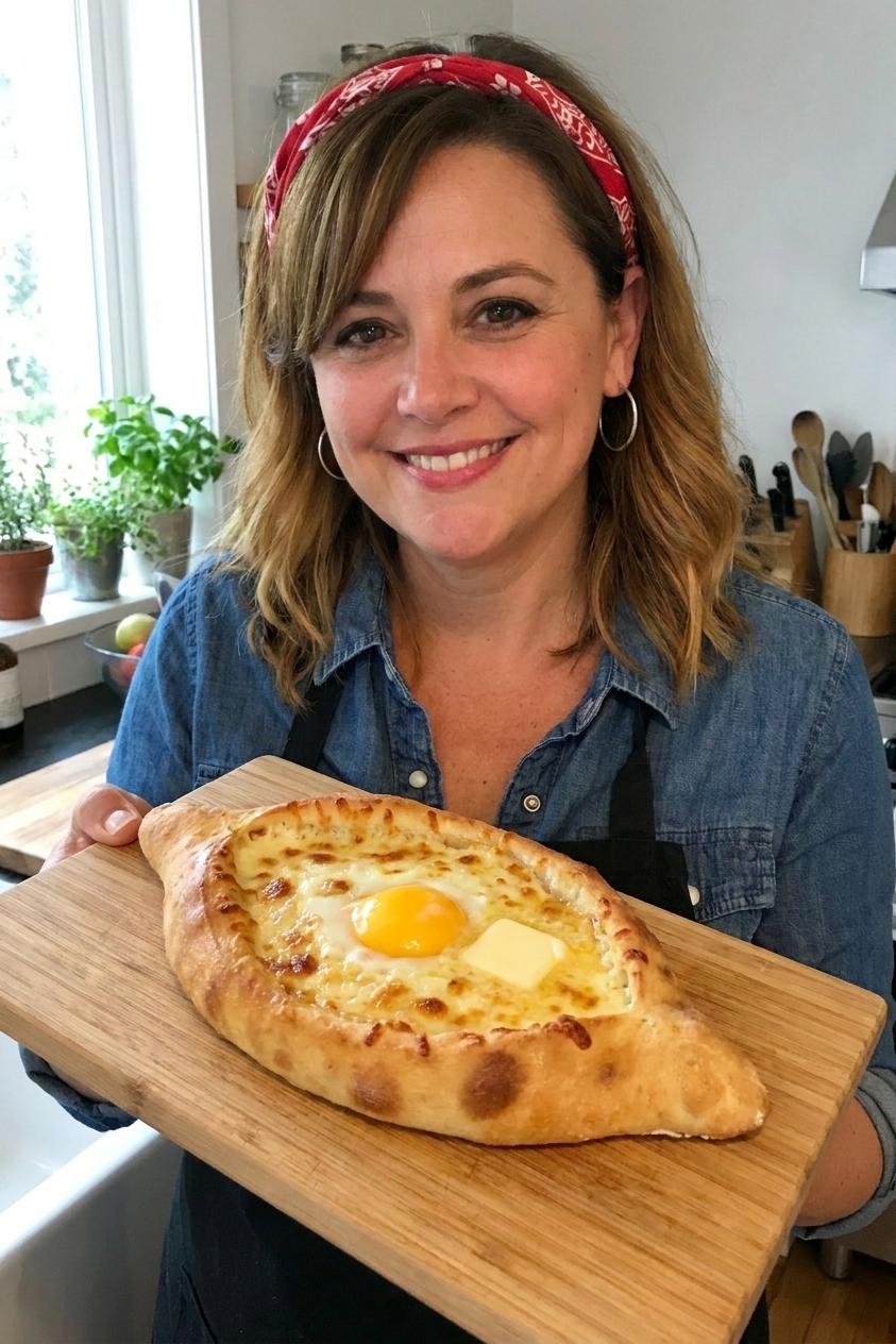 A freshly baked Adjarian khachapuri with a golden boat-shaped crust, bubbling cheese filling, a just-set egg yolk in the center, and a pat of butter melting on top on a wooden board in natural window light