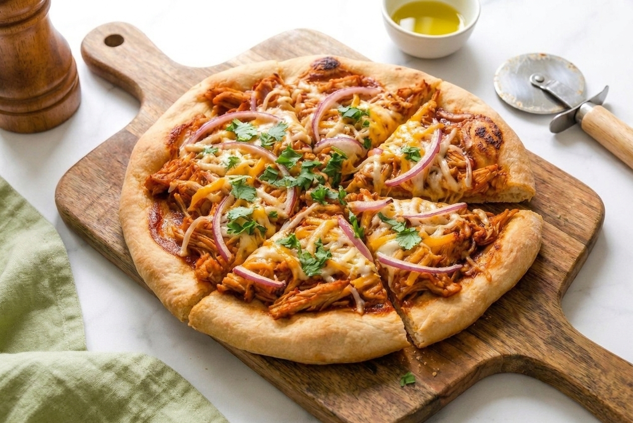 A freshly baked BBQ chicken pizza on a wooden cutting board with melted mozzarella, scattered BBQ chicken, sliced red onion, and chopped cilantro in a warm home kitchen