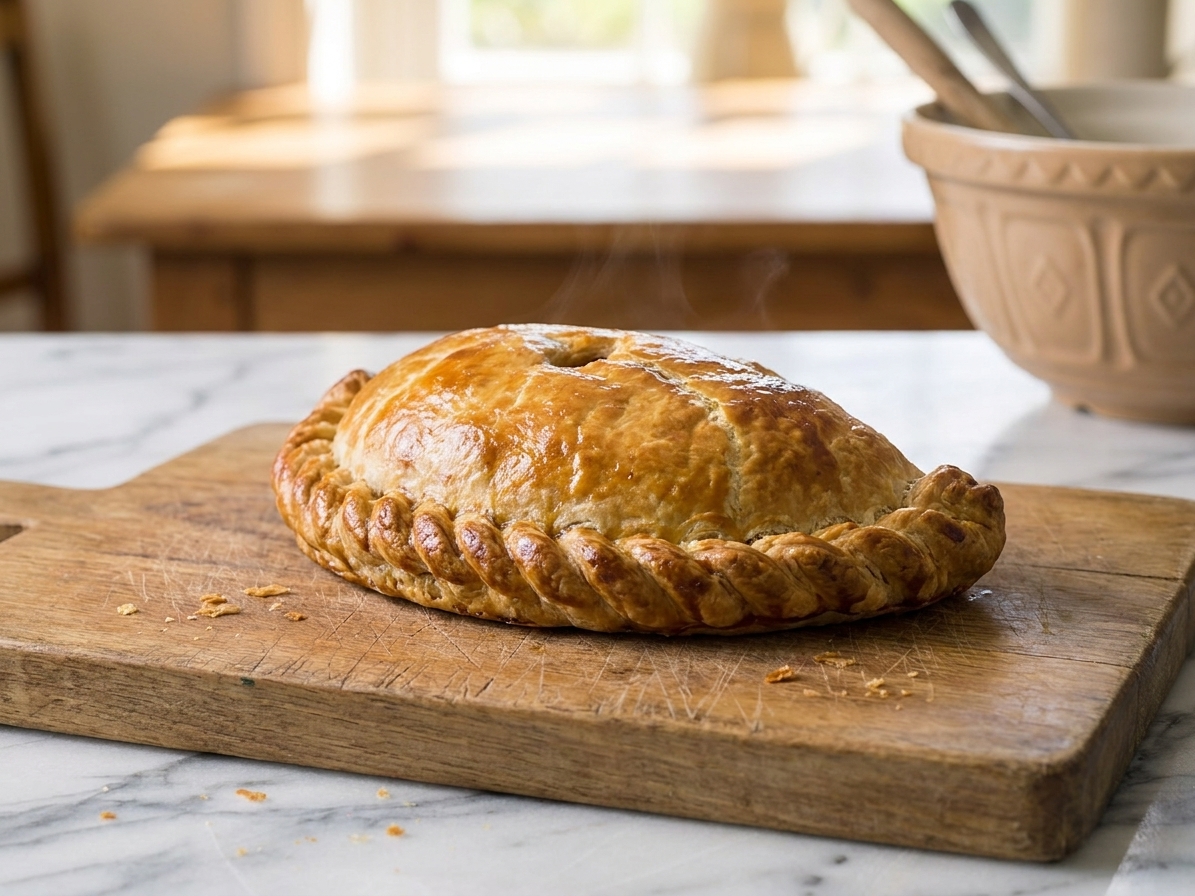 A freshly baked Cornish pasty with a deep golden crust and a defined rope crimp on a wooden cutting board in a bright home kitchen