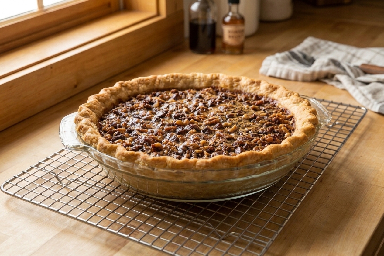 A freshly baked Derby-style pie cooling on a wire rack on a kitchen counter, with a crackly top and visible chocolate chips