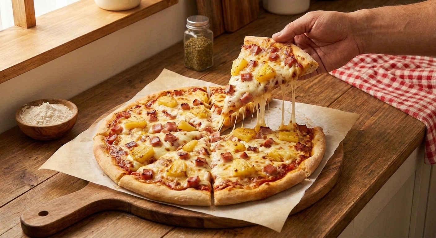 A freshly baked Hawaiian pizza on a wooden board with bubbling mozzarella, browned ham, and browned pineapple chunks in a warm home kitchen
