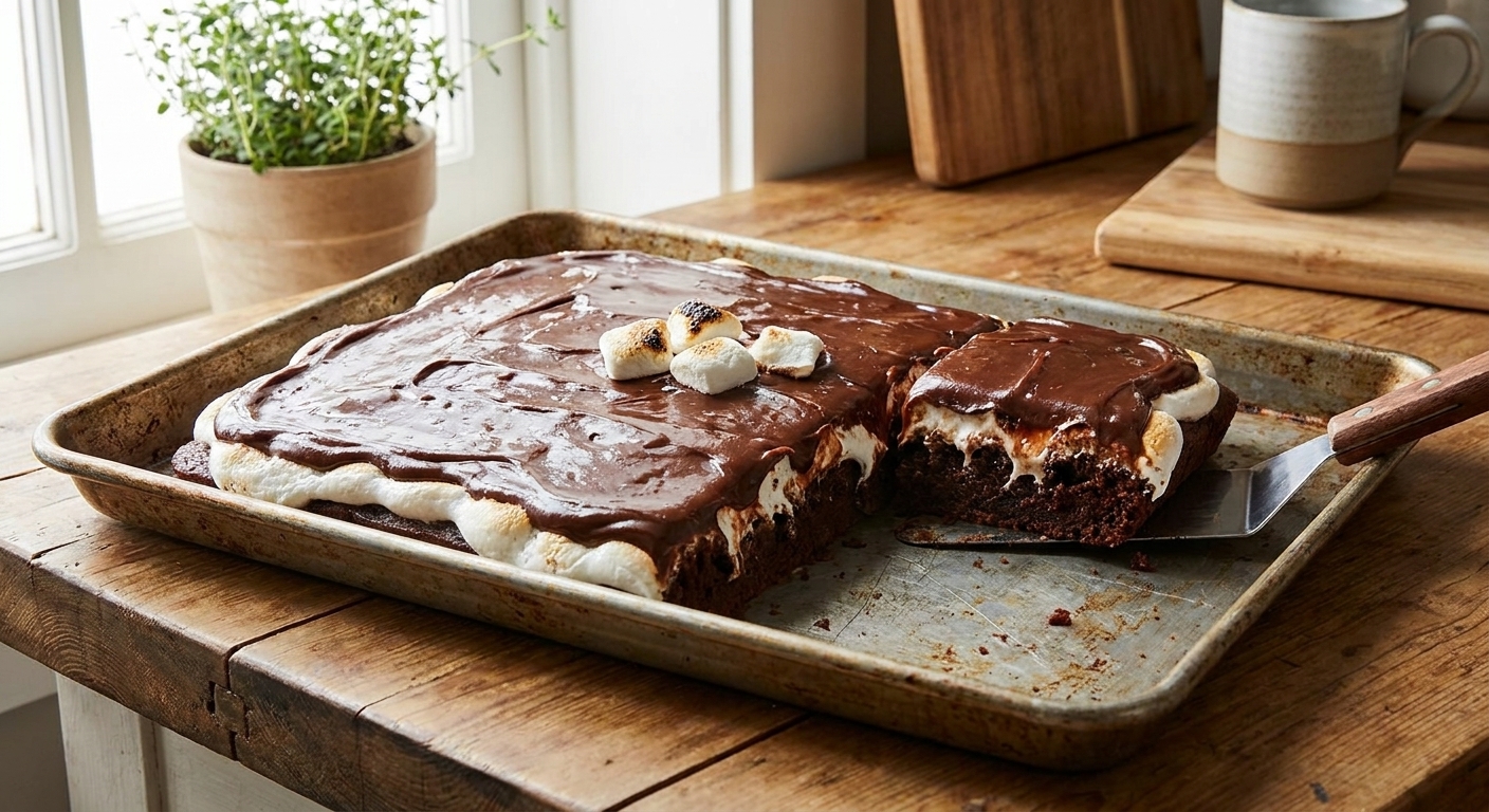 A freshly baked Mississippi mud cake in a metal sheet pan with a gooey marshmallow layer and glossy chocolate fudge frosting, kitchen counter background, natural window light
