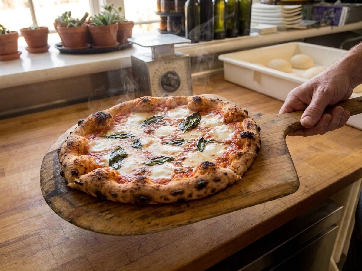 A freshly baked Neapolitan Margherita pizza with spotted crust, melted mozzarella, basil leaves, and glossy tomato sauce on a wooden peel in a warm home kitchen