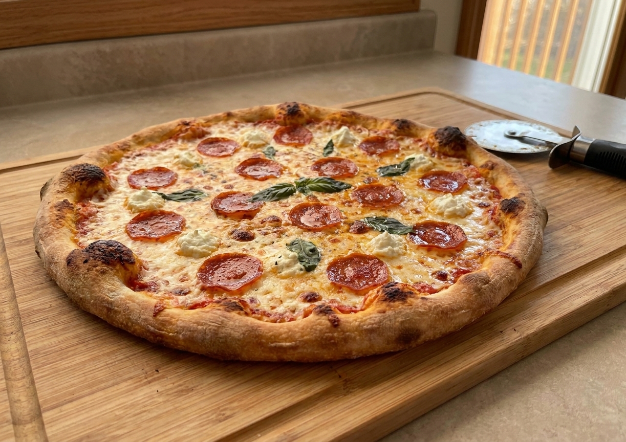 A freshly baked New York style pizza on a wooden cutting board with a crisp browned crust and melted cheese