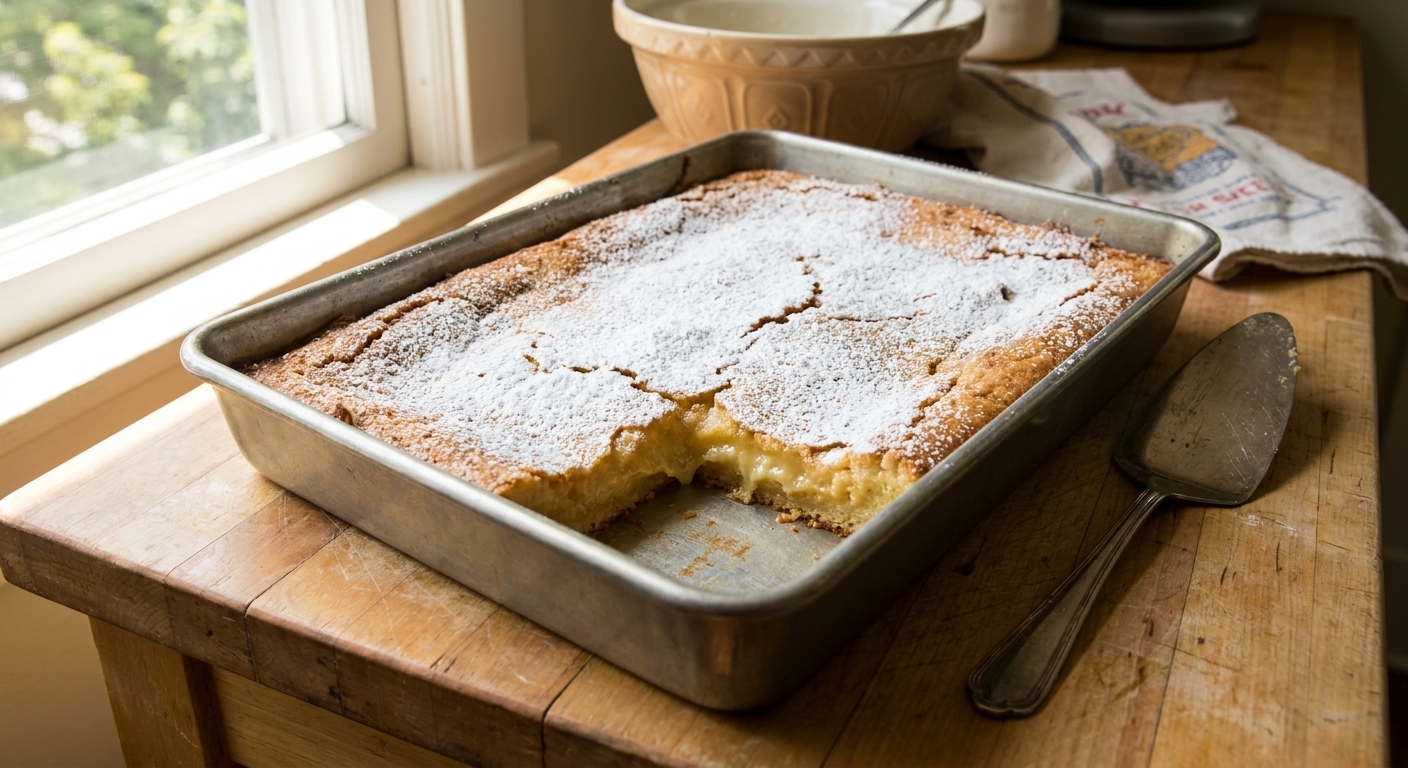 A freshly baked St. Louis gooey butter cake in a 9x13 pan on a kitchen counter, with a crackly powdered sugar top and a gooey custardy center, natural window light