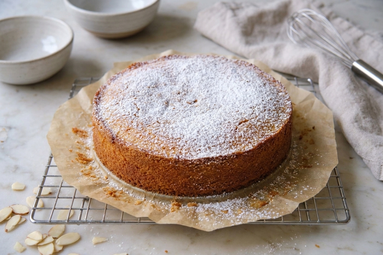 A freshly baked almond cake cooling on a wire rack with parchment paper beneath it on a kitchen counter