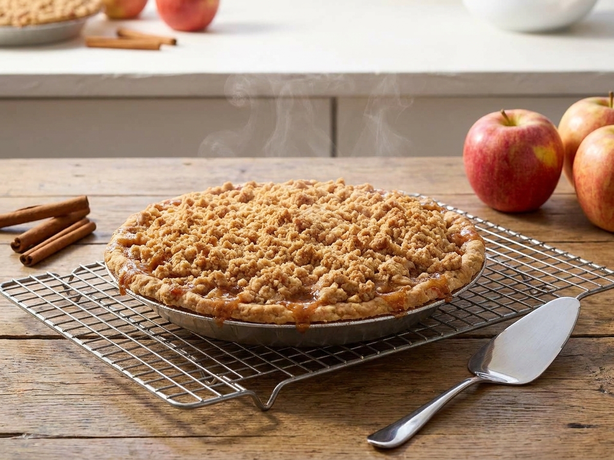 A freshly baked apple crumb pie cooling on a wire rack on a wooden table with a pie server nearby