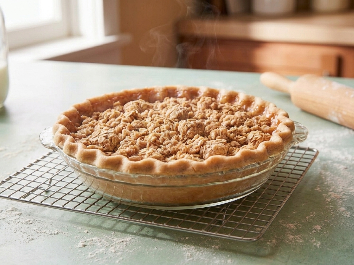 A freshly baked apple crumble pie cooling on a wire rack on a kitchen counter, steam faintly rising from the golden crumble