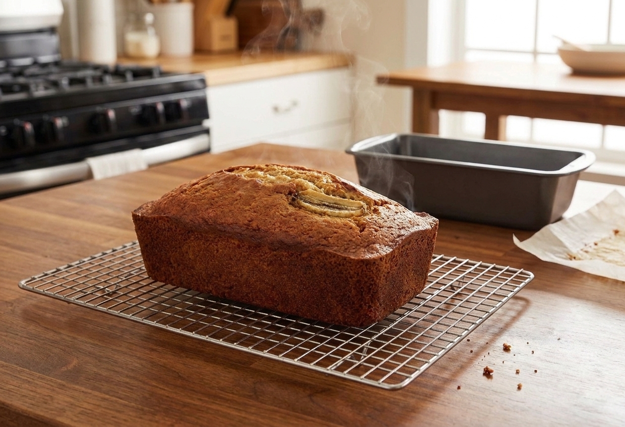 A freshly baked banana bread loaf cooling on a wire rack on a kitchen counter