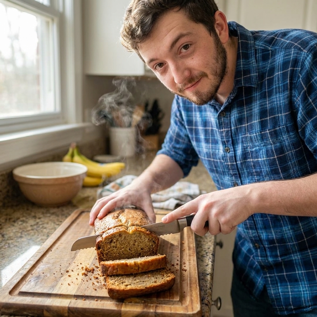 A freshly baked banana bread loaf sliced on a wooden cutting board with a serrated knife, crumbs and steam visible, real food photography style