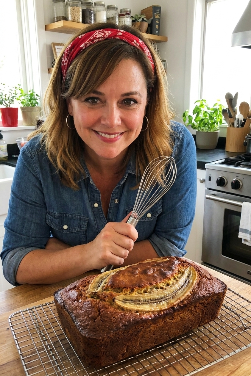 A freshly baked banana bread loaf with a deep golden-brown top and a few sliced bananas baked into the surface, cooling on a wire rack on a cozy kitchen counter with natural window light