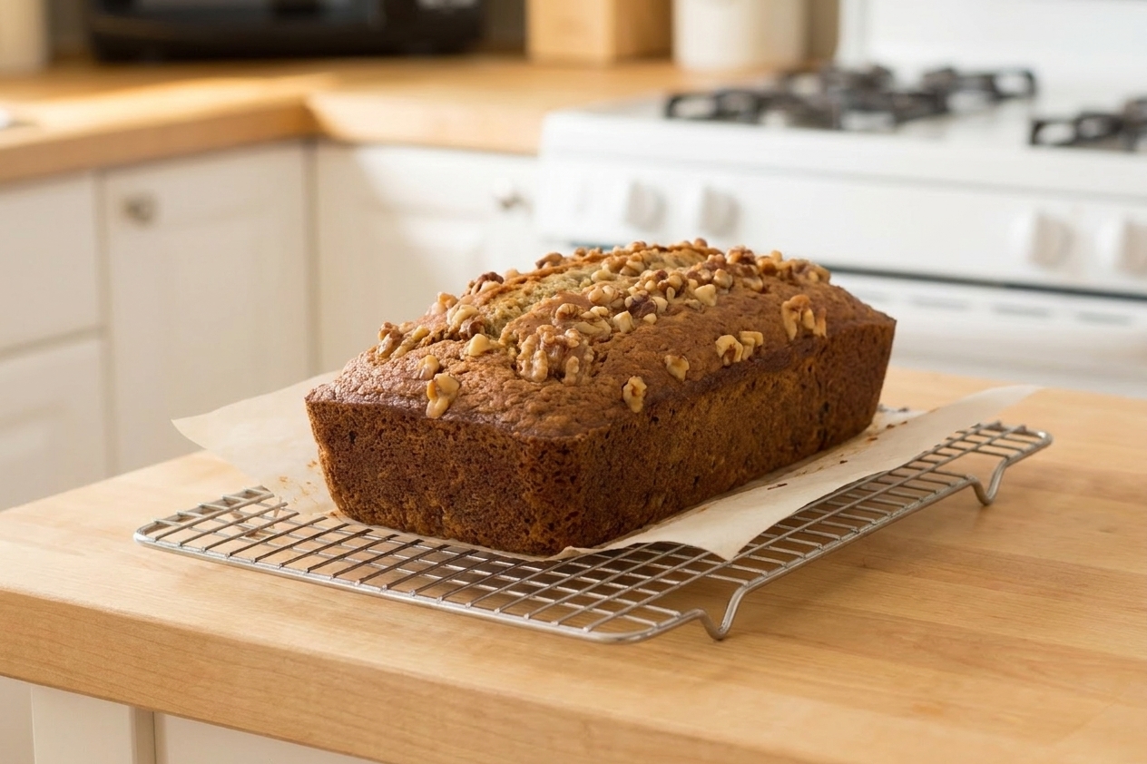A freshly baked banana nut loaf cooling on a wire rack on a kitchen counter with parchment overhang visible