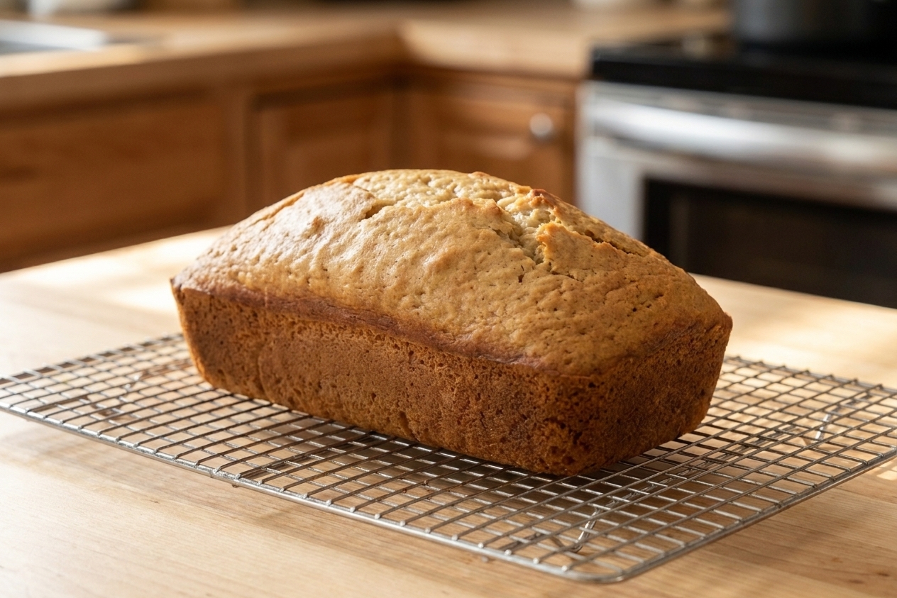 A freshly baked banana yogurt loaf cooling on a wire rack with a golden domed top in warm kitchen light