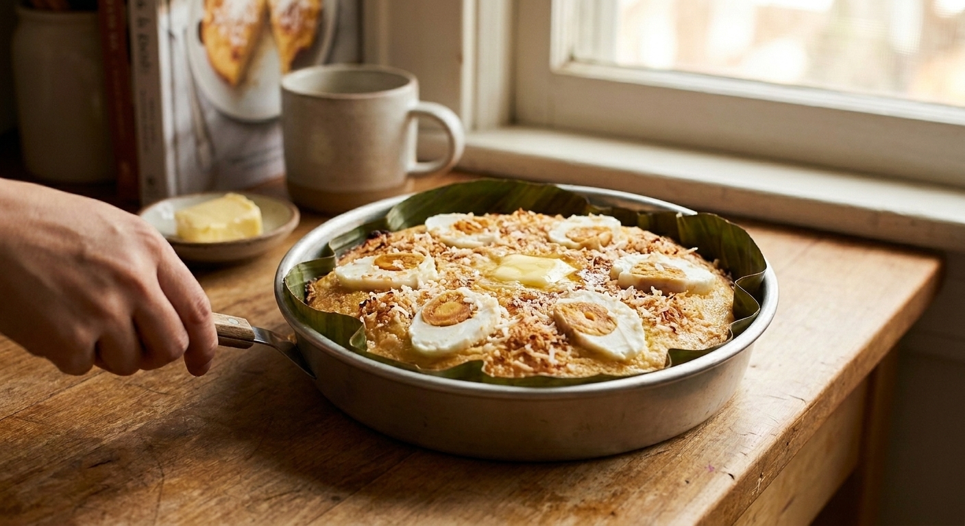 A freshly baked bibingka in a round pan lined with banana leaf, topped with melted butter, sliced salted egg, and toasted coconut on a warm wooden table