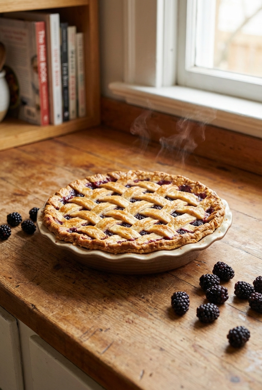A freshly baked blackberry pie with a golden lattice crust cooling on a wooden counter, with a few fresh blackberries scattered nearby