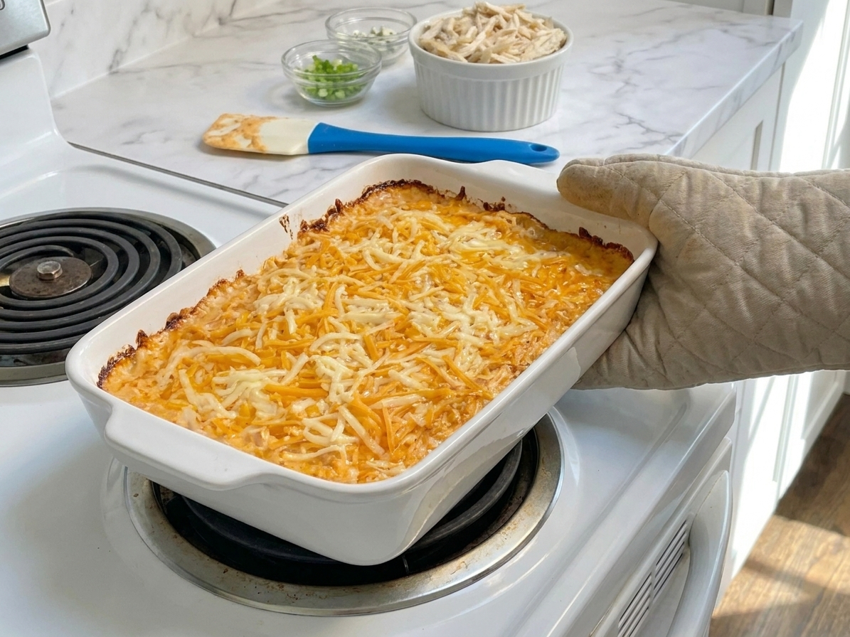 A freshly baked buffalo chicken dip with melted cheese bubbling and lightly browned around the edges in a baking dish on a stovetop