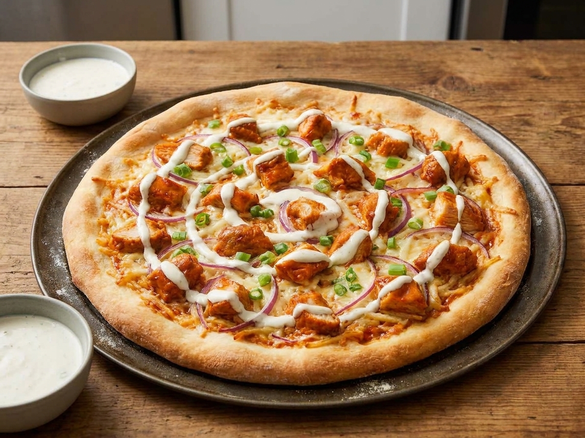 A freshly baked buffalo chicken pizza on a dark metal pizza pan, topped with melted mozzarella, buffalo-sauced chicken, red onion, and scallions, with a small bowl of ranch on a wooden table in warm kitchen lighting
