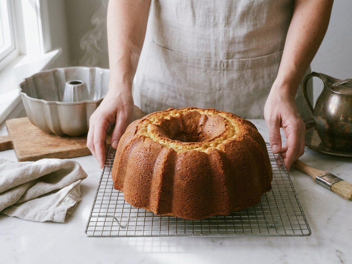 A freshly baked bundt cake cooling on a wire rack with a warm golden crust in a home kitchen