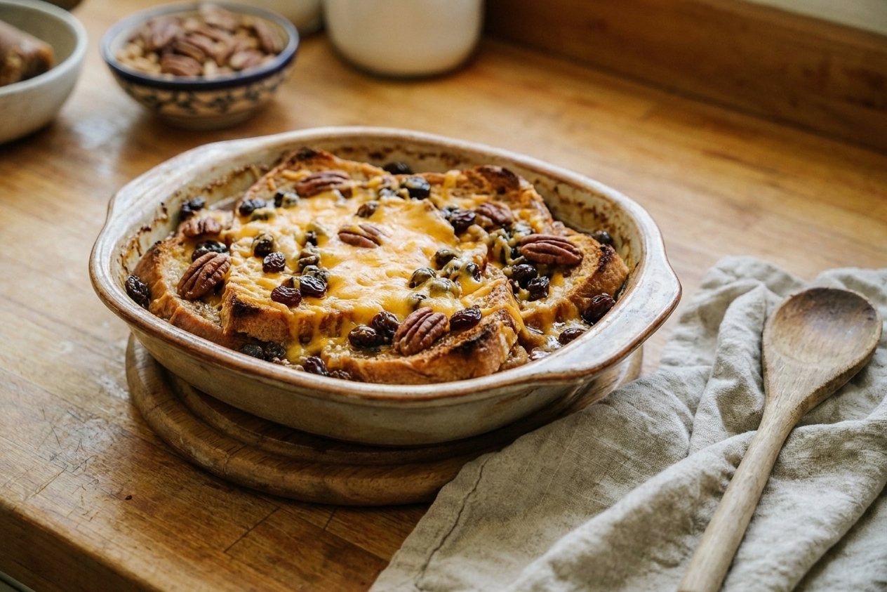 A freshly baked capirotada in a ceramic casserole dish with browned edges, visible raisins and nuts, and melted cheese on top, resting on a wooden trivet