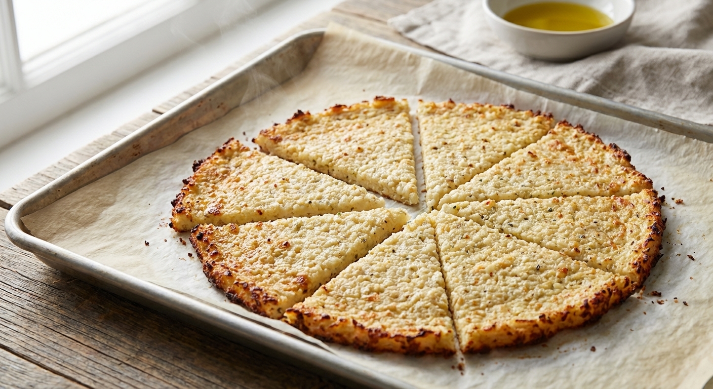 A freshly baked cauliflower pizza crust on a parchment-lined baking sheet, cut into slices with golden crisp edges and a lightly browned surface, natural window light, photorealistic food photography