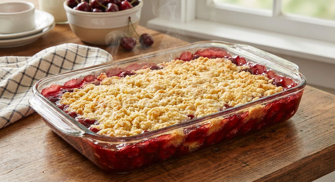 A freshly baked cherry dump cake in a clear glass baking dish with bubbling cherry filling around the edges and a golden, buttery cake topping on top, kitchen counter background