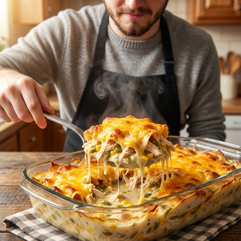 A freshly baked chicken casserole with melted cheddar cheese on top being scooped out with a large serving spoon, showing creamy layers of chicken and tortillas inside, steam rising, photorealistic food photography