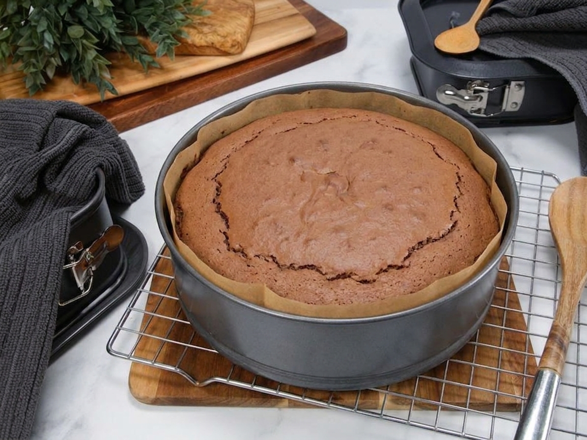 A freshly baked chocolate cake layer cooling in a round pan on a wire rack, with a soft matte surface and slightly pulled edges