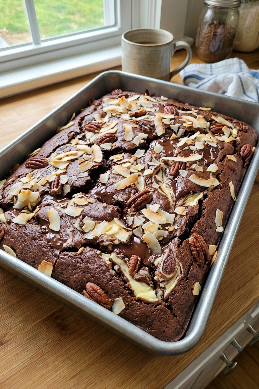 A freshly baked chocolate earthquake cake in a metal 9x13 pan with visible cracks, coconut and pecans on top, and creamy white cream cheese swirls peeking through, photographed on a kitchen counter in natural light