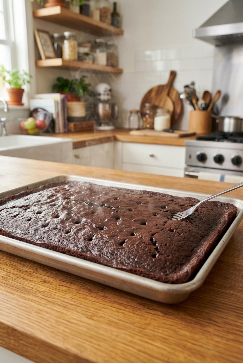 A freshly baked chocolate sheet cake in a 9x13 pan with holes poked across the surface, ready for sauce to be poured in