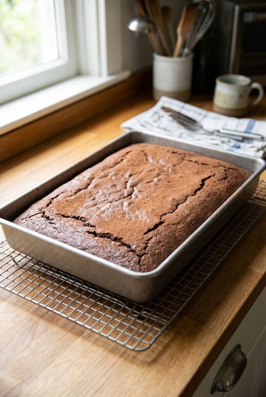 A freshly baked chocolate sheet cake in a pan cooling on a wire rack
