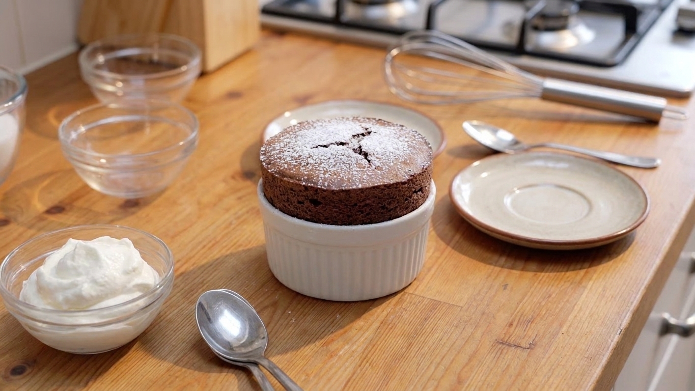 A freshly baked chocolate soufflé on a dinner table with small plates, spoons, and a bowl of whipped cream nearby