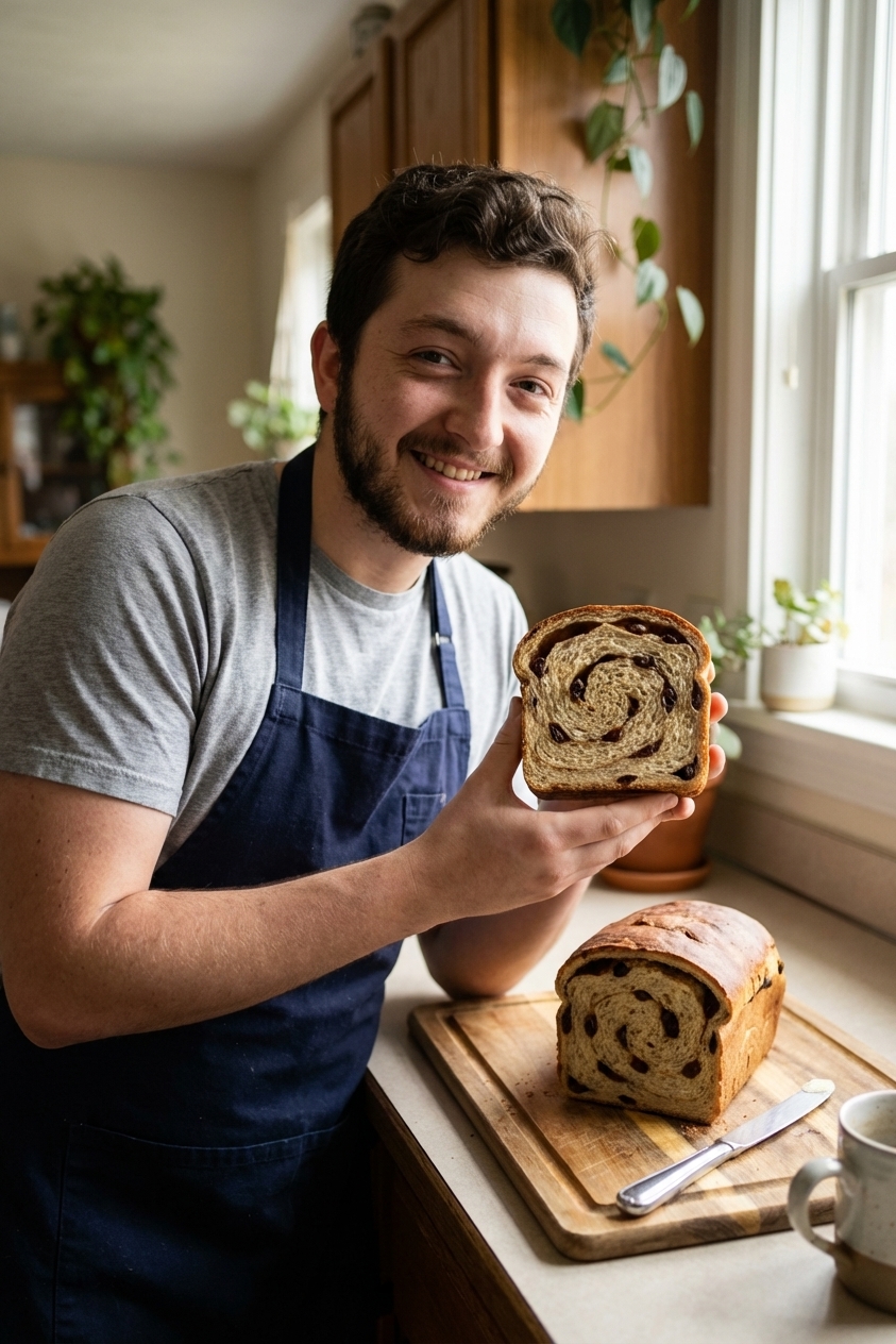 A freshly baked cinnamon raisin swirl bread loaf on a wooden cutting board with one thick slice cut, showing a clear cinnamon sugar spiral and raisins throughout, soft natural window light, cozy kitchen background, photorealistic