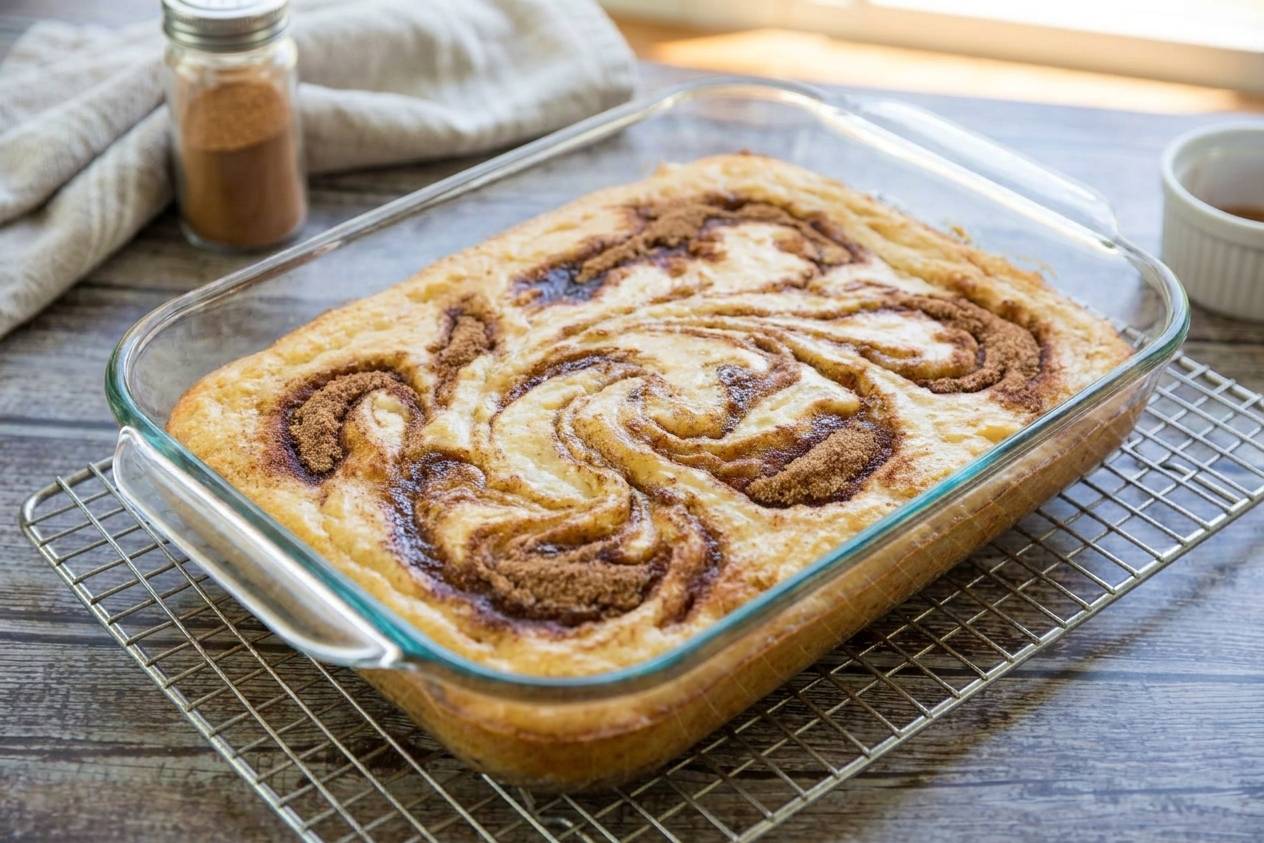 A freshly baked cinnamon roll cake in a 9x13 pan with visible cinnamon swirls and golden edges, cooling on a wire rack