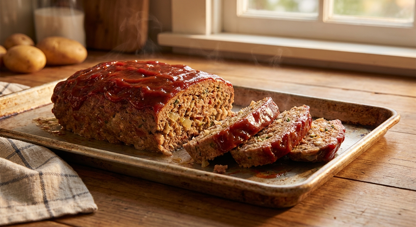 A freshly baked classic homestyle meatloaf on a rimmed baking sheet with a glossy ketchup-brown sugar glaze, sliced to show a moist interior, warm kitchen lighting