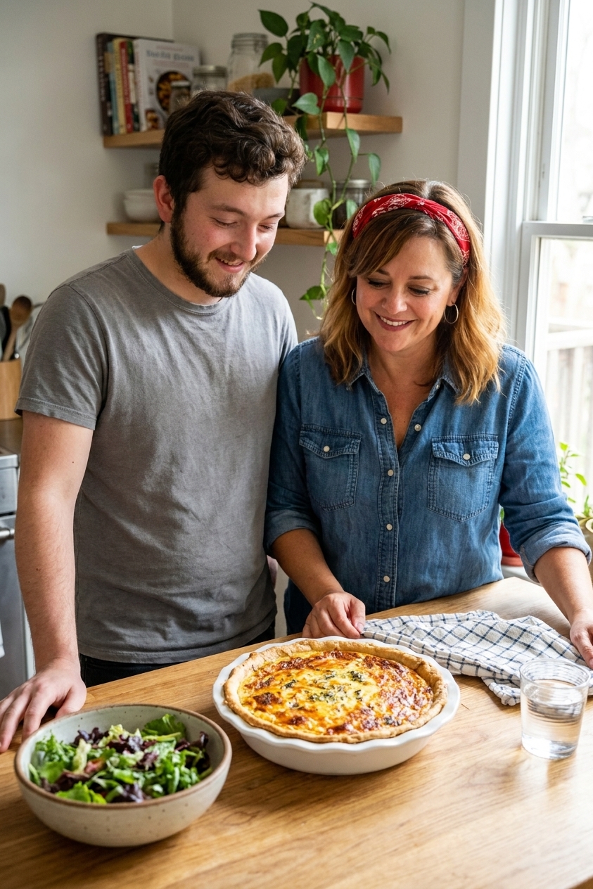 A freshly baked classic quiche in a white ceramic pie dish on a kitchen counter, golden top with lightly browned edges and visible bits of cheese, natural window light, real food photography