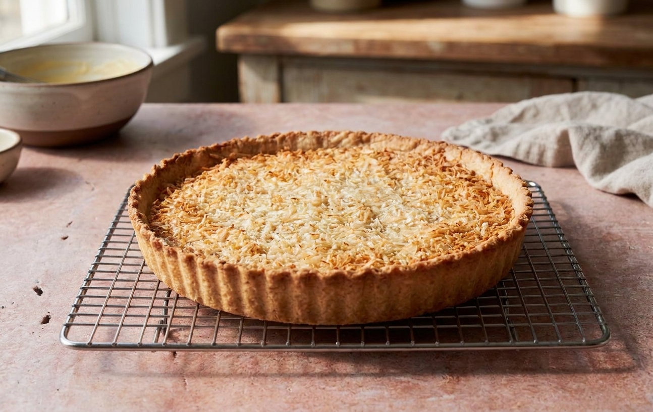 A freshly baked coconut custard pie cooling on a wire rack, golden on top with toasted coconut, in a softly lit kitchen