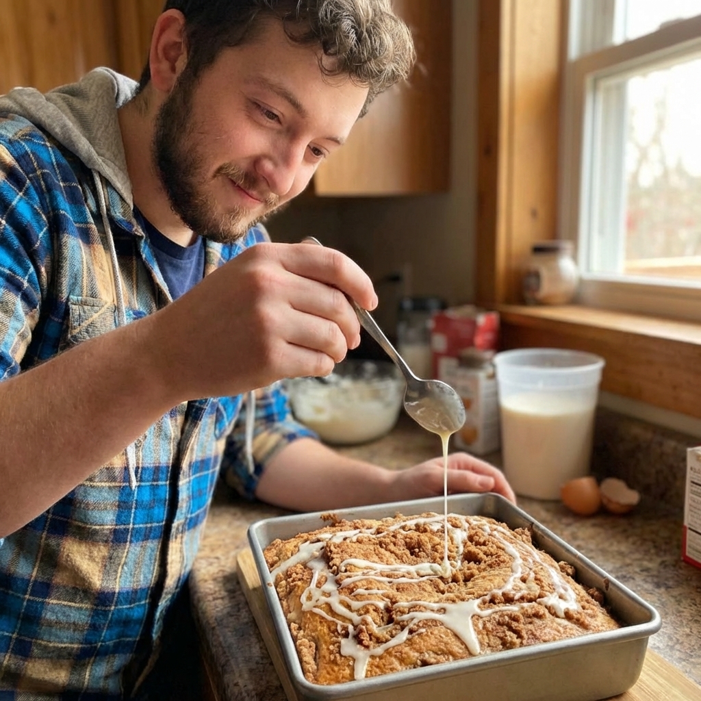A freshly baked coffee cake in a square pan being drizzled with thin vanilla glaze from a spoon, cinnamon streusel topping visible, warm natural light, photorealistic food photography