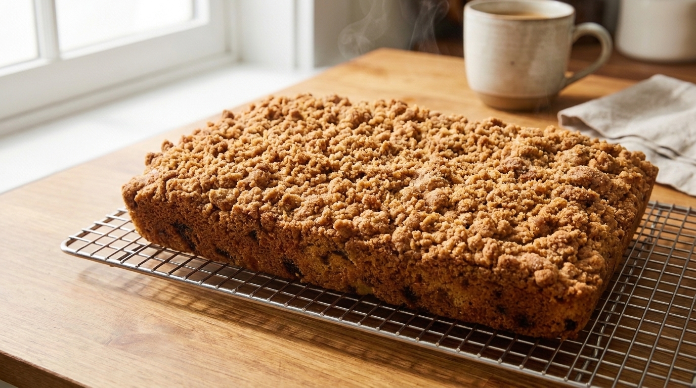 A freshly baked coffee cake with a golden streusel top resting on a cooling rack