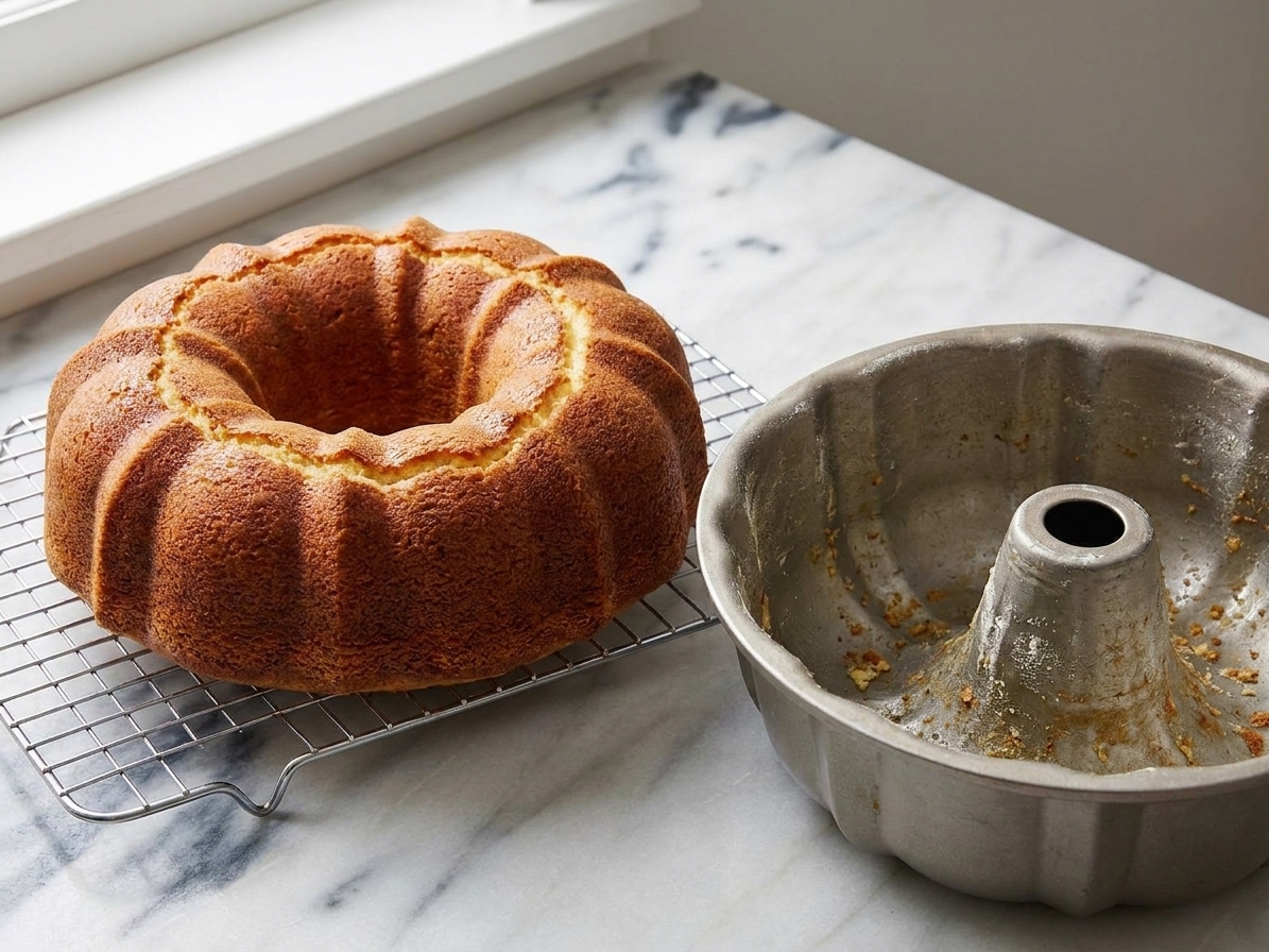 A freshly baked cream cheese pound cake cooling on a wire rack beside a Bundt pan on a neutral kitchen counter
